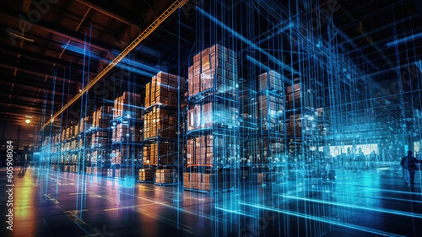 Fototapeta digital warehouse with electronic grids connected to a bar code scanner. Generative Ai