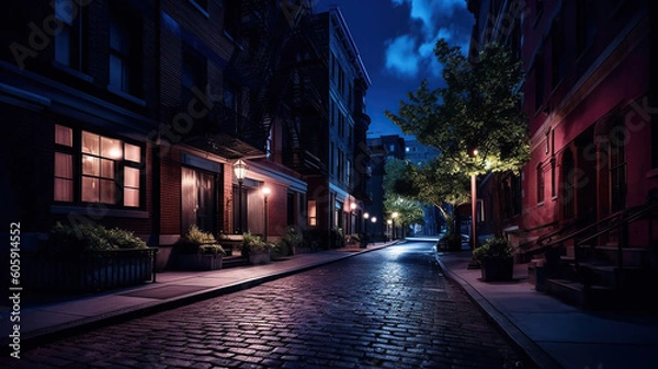Fototapeta street scene at night with buildings in the background. Generative Ai