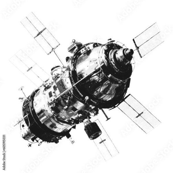 Fototapeta Hand drawn halftone satellite. Space vector design element.