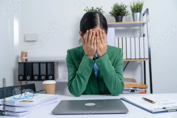 Fototapeta Headache, stress busy asian business woman manager, lawyer doing bookkeeping audit graph documents checking Bank Reconciliation,  Base Stock, Last Invoice Price, Discounting Notes Receivable