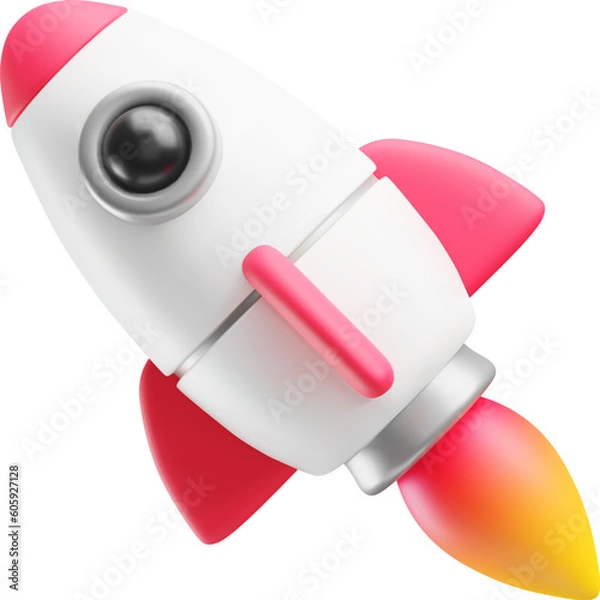 Fototapeta 3d style spaceship rocket flying with yellow flame ejected from nozzles. Toy rocket launch. Successful startup, financial growth, space business concept vector illustration
