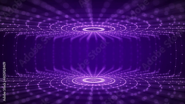 Fototapeta Futuristic purple circular particle flow. Structure of network connections. Data compression technology. Big data visualization. 3D rendering.