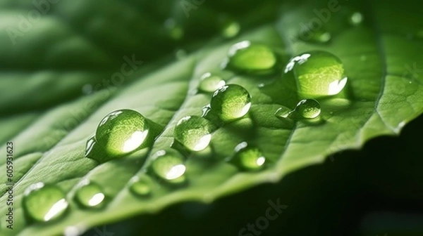 Fototapeta Large beautiful drops of transparent rain water on a green leaf macro. Drops of dew in the morning glow in the sun. Beautiful leaf texture in nature. Natural background