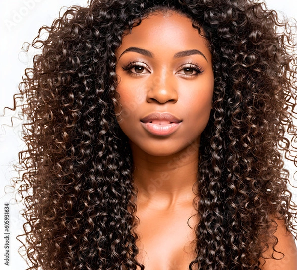 Fototapeta African american girl with long and shiny wavy hair on white background. Beautiful model with curly hairstyle. Generative AI.