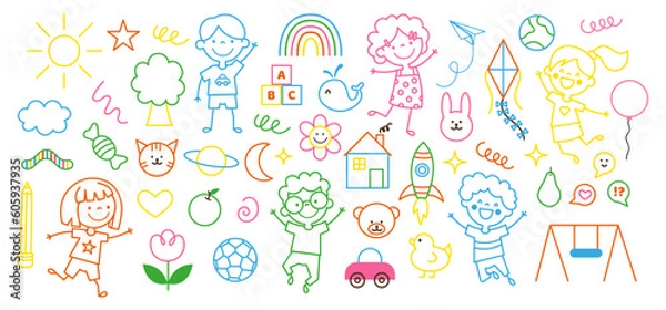 Fototapeta Colorful big of set Children cartoon icon doodle style. Collection outline of Boys, Girls, Toys, Animals. Childish coloring Kindergarten. Vector simple elements isolated on white background
