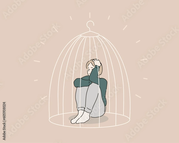 Fototapeta woman locked in cage. Sad girl needs psychological help. Hand drawn style vector design illustrations.