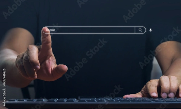Fototapeta Data Search Technology Search Engine Optimization concept. Human hands are using computer keyboard to search for information, use Search Console with your website.