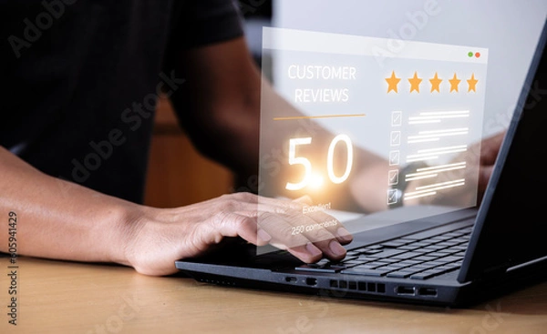 Fototapeta The concept of scoring great service experiences on mobile applications. Customers assess the quality of the business' service reputation ratings. customer satisfaction survey concept