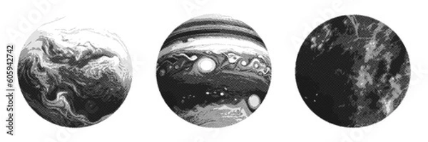 Fototapeta Set of hand drawn halftone planets. Space vector design elements.