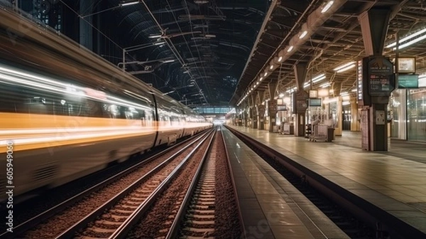 Fototapeta A bustling high-speed train station during rush hour, where travelers hurriedly navigate through the platforms and trains, creating a dynamic and energetic atmosphere. Generated by AI.