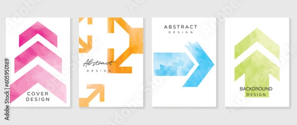 Fototapeta Watercolor art background cover template set. Wallpaper design with arrows, pink, blue, green, orange, geometric shape. Abstract illustration for prints, wall art and invitation card, banner.