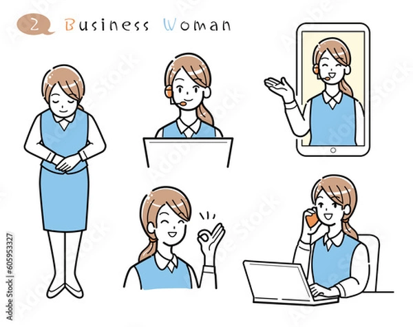 Fototapeta 働く女性　イラスト　ポーズセット　素材　パソコン　オペレーター