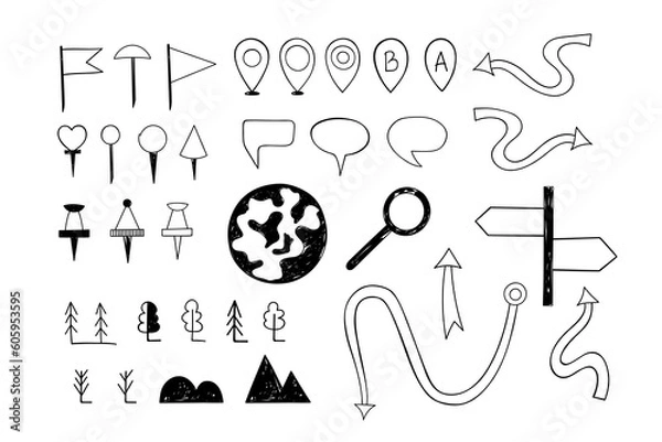 Fototapeta Hand-drawn map pointers. Set of navigation pins. Arrows and map markings. Map markings. Pointers. Vector illustration.