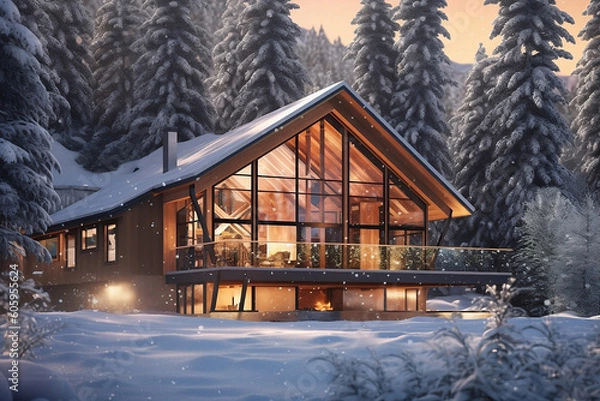 Fototapeta Modern and Bright Chalet Under the Snow - IA générative
