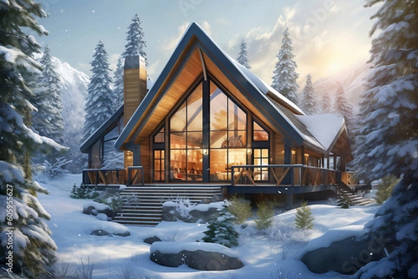 Fototapeta Modern and Bright Chalet Under the Snow - IA générative