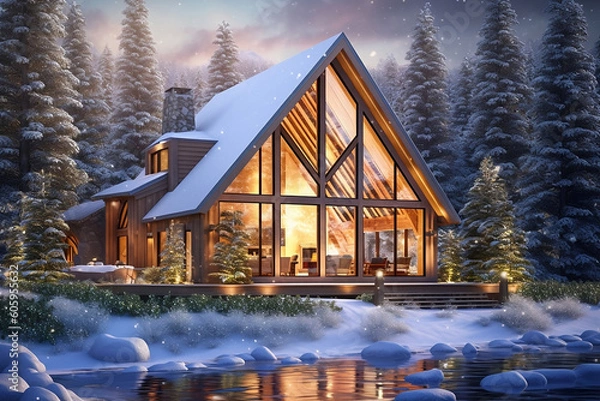 Fototapeta Modern and Bright Chalet Under the Snow - IA générative