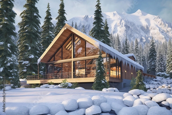 Fototapeta Modern and Bright Chalet Under the Snow - IA générative