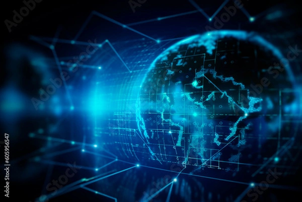 Fototapeta World of technology. Blue and black globe created with Generative AI technology