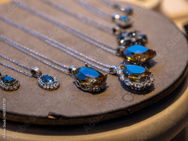 Fototapeta Precious Stone Necklace with Diamonds - On Sale in Shop front in UAE Dubai. Best place in the world to buy luxury jewellery in the souks and markets of the united Arab emirates