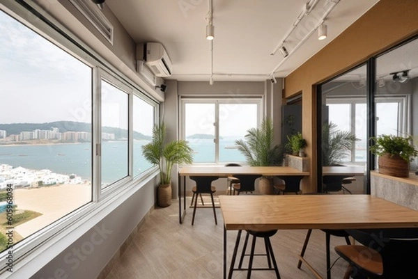 Fototapeta co-working space with a view of the beach or river, for professionals who want to escape the city for a moment, created with generative ai