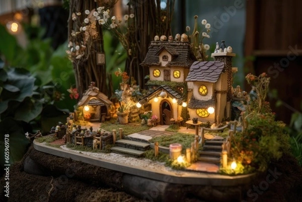 Fototapeta fairy garden with whimsical structures and magical elements, including glittering lights and miniature figurines, created with generative ai