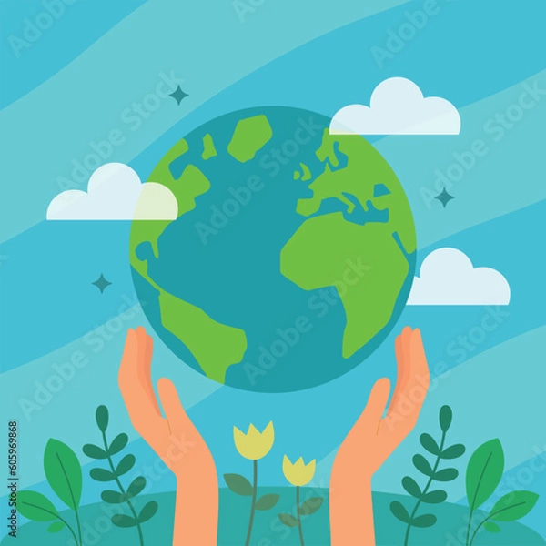 Fototapeta Save the world planet earth with hands and flowers