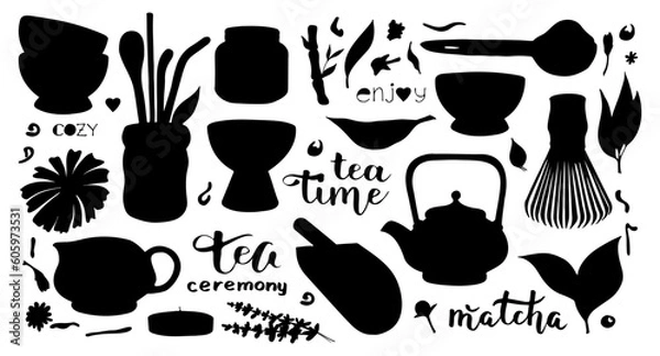 Obraz Vector set black silhouette picture of tea matcha powder. 
Doodle style illustration. tea leaves, teapot, macarons, spoon, traditional cup, whisk, tools for Japanese ceremony. 
