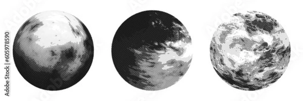 Fototapeta Set of hand drawn halftone planets. Space vector design elements.