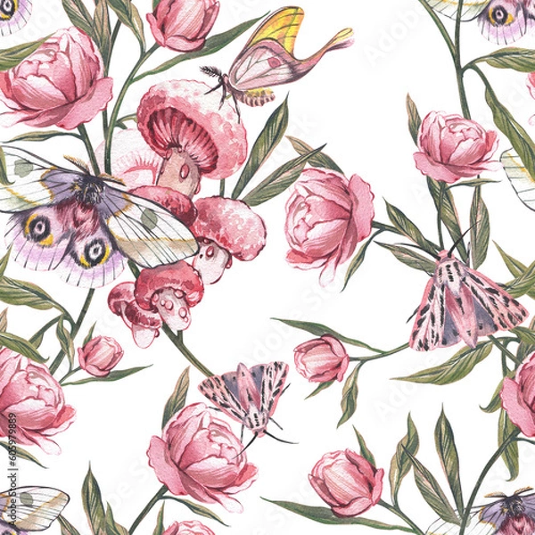Fototapeta Seamless pattern butterfly, peony flower isolated on white background. Watercolor hand draw illustration. Art for design
