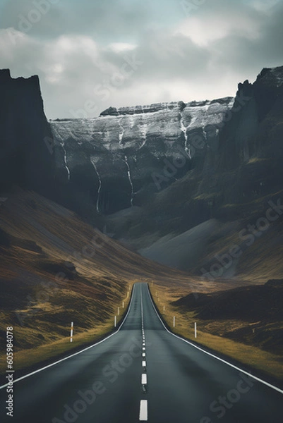 Fototapeta Majestic mountains and loneliness on never ending roads, Generative AI