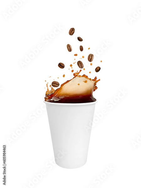 Fototapeta A white paper cup filled with espresso coffee. Coffee splash with flying coffee beans. On a white background. Isolated. Takeaway coffee. eco paper tableware.