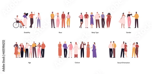 Obraz Diversity and inclusion concept. Vector flat character illustration. Multi culture, ethnic, disability, body type, different gender and sexual orientation, various age happy male and female people set