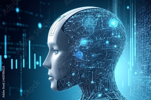 Obraz Artificial intelligence. AI. Digital human face AI. Human face made from Data. Generative AI