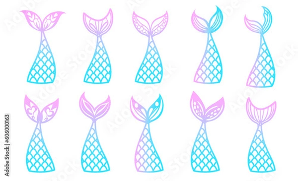 Obraz Set of pink and blue mermaid tails on a white background.