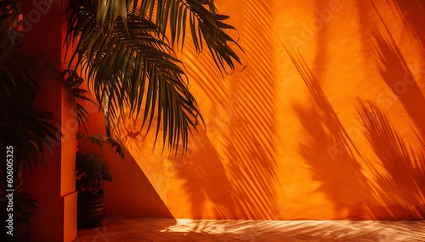 Obraz Orange wall with a large palm tree in the shadow, generative ai