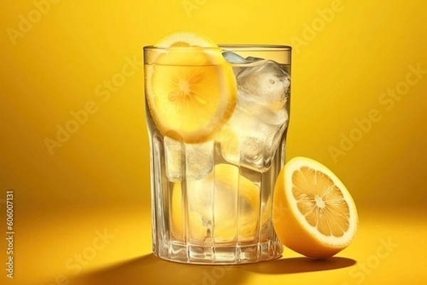 Obraz Lemonade in a glass with ice and lemon slices on yellow background. Generative AI.