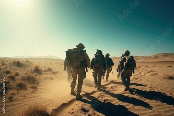Fototapeta Military commando special operation on sand. Generative AI.