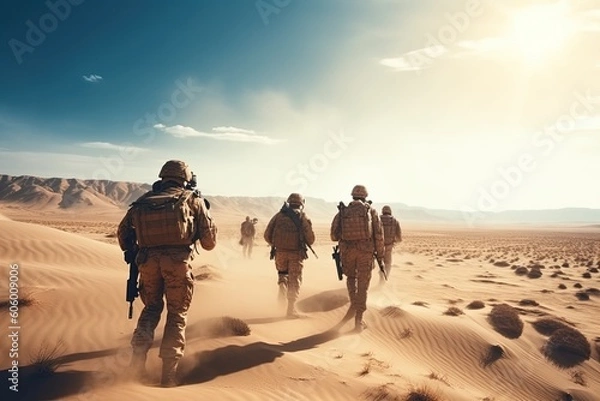 Fototapeta Military commando special operation on sand. Generative AI.