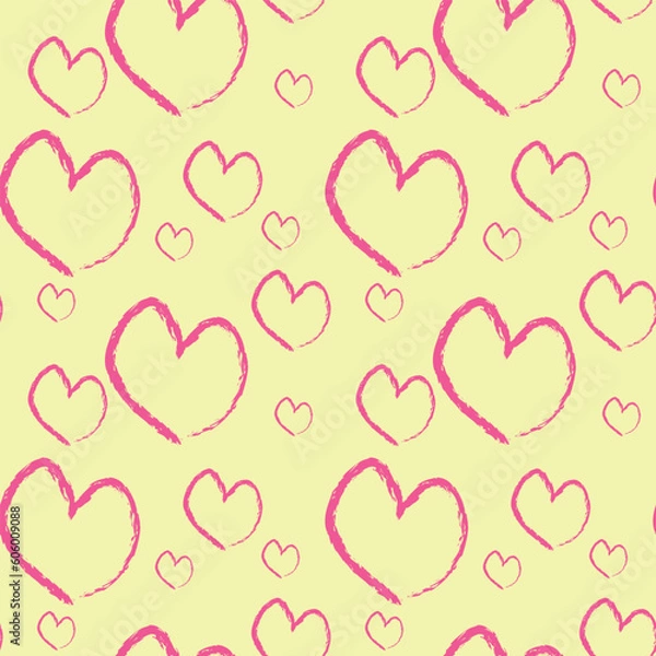 Fototapeta Pink Heart on yellow background, seamless pattern, print for wrap gift paper, textille