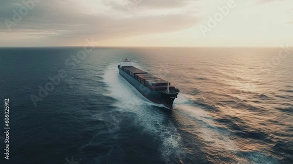 Fototapeta Explore the immense scale of international trade as you observe a cargo ship gracefully crossing the ocean, documented through stunning footage. Generated by AI.