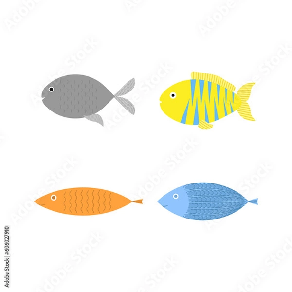 Obraz Set of fishes isolated on white background. Cute sea creature. Collection of funny aquarium fishes. Cartoon vector illustration