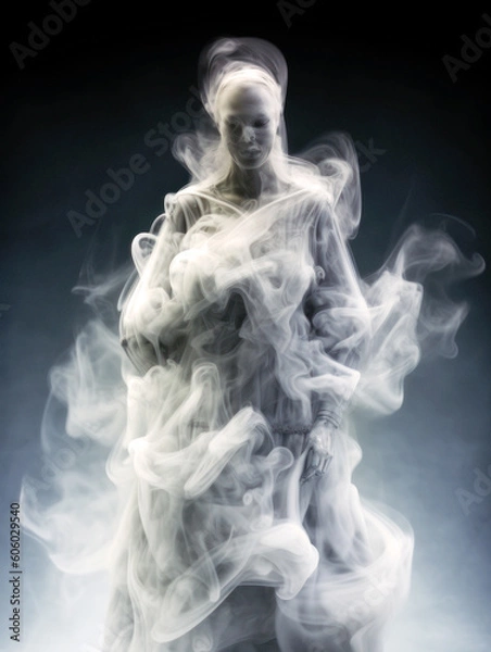 Fototapeta I think i saw a ghost Emerging from the darkness, a ghostly figure forms from wisps of white smoke. Its human-like shape, a chilling spectacle, creeps toward the camera. Generative AI