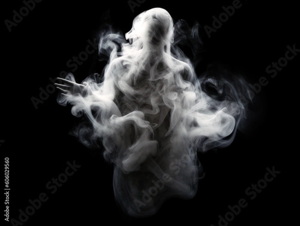 Fototapeta I think i saw a ghost Emerging from the darkness, a ghostly figure forms from wisps of white smoke. Its human-like shape, a chilling spectacle, creeps toward the camera. Generative AI