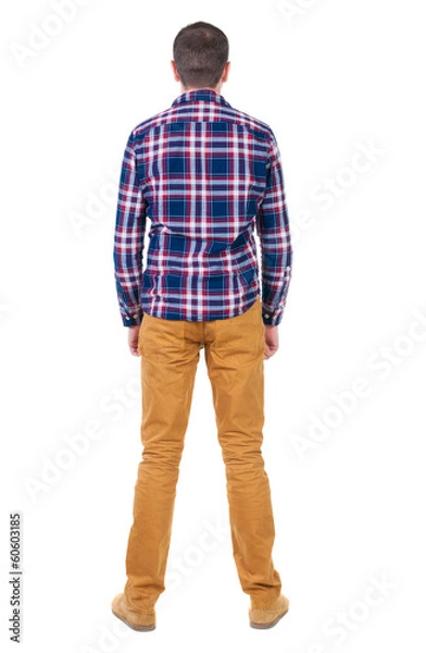 Obraz Back view of handsome man in checkered shirt  looking up.