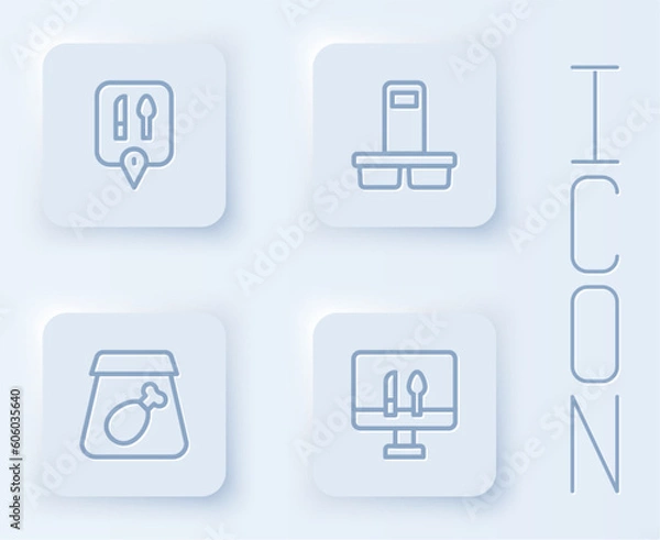 Obraz Set line Cafe and restaurant location, Coffee cup to go, Online ordering meal and food. White square button. Vector