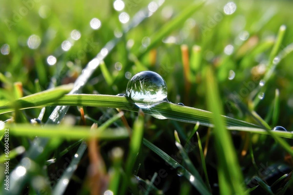 Fototapeta A close-up of a droplet of water on a blade of green grass - Generative AI