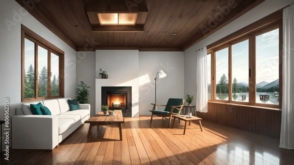 Obraz a living room with a fireplace. Ai llustration. digital painting. Generative AI Artificial Intelligence Artwork
