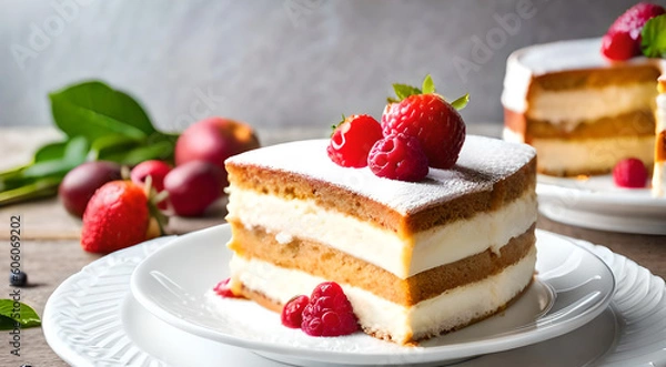 Obraz Generative AI of a Sponge Cake layered with fresh whipped cream, topped with a dusting of sugar.