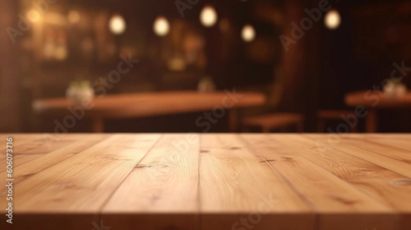 Fototapeta A wooden table in a bar with a blurred background