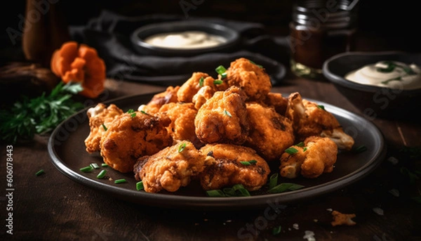 Obraz Fried chicken wings on rustic wooden plate generated by AI